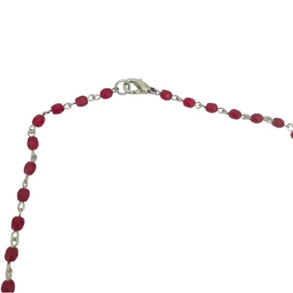 Red Beaded Fringe Silver Tone Necklace - Picture 3 of 3